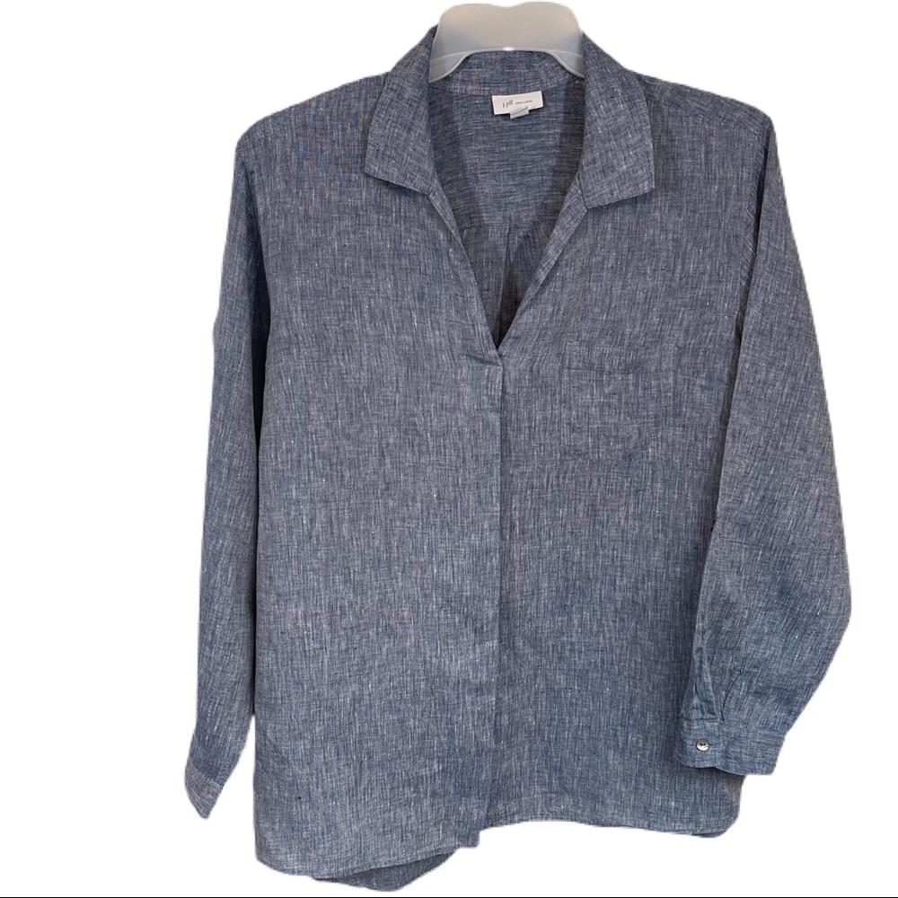 J.Jill Love Linen Top 100% Linen V-Neck Popover Blouse 2X Blue Roll Tab Sleeve